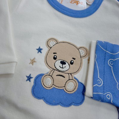Conj. de Malha 3 peças - Bear Fofinho com Estrelinhas - Azul e Off White
